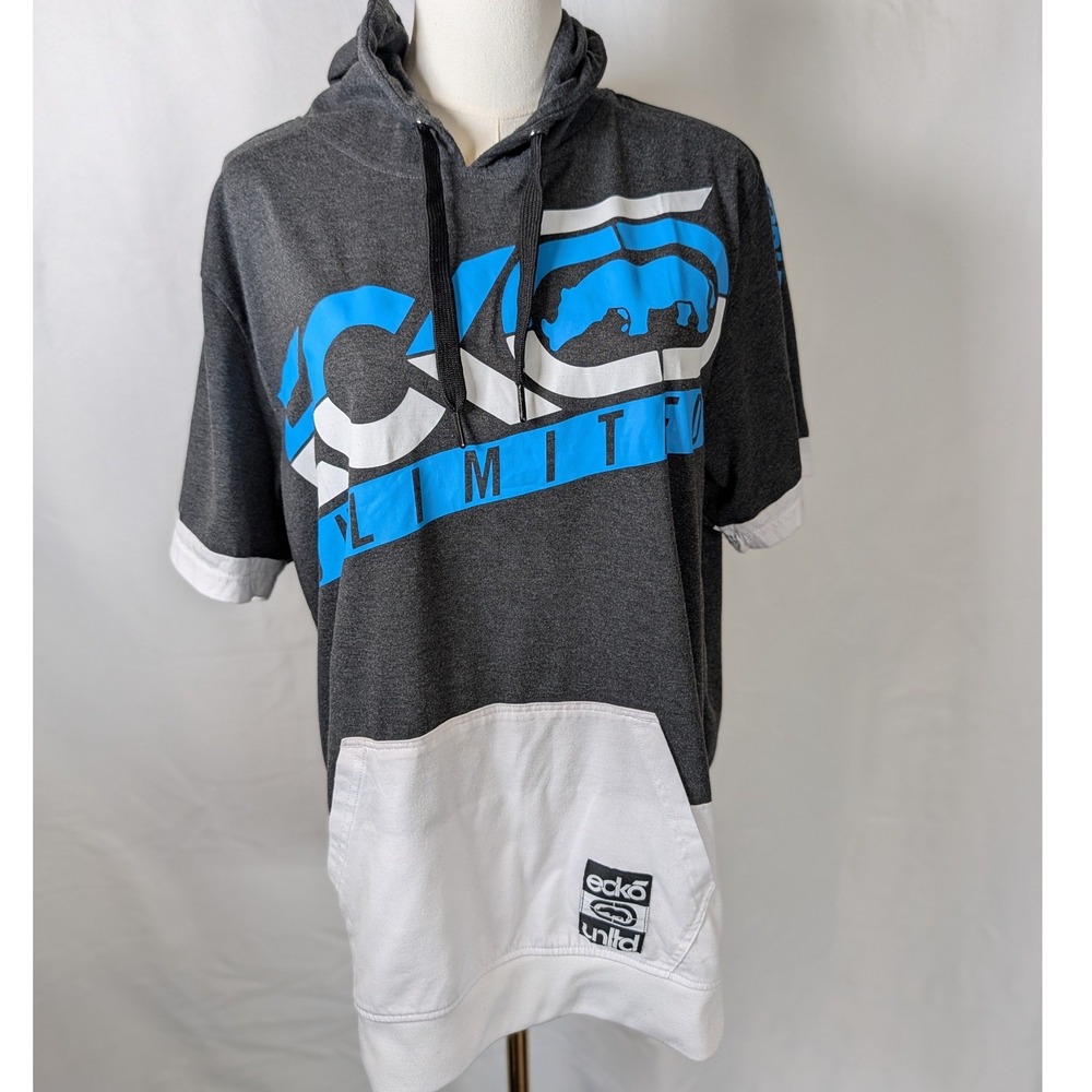 Ecko Unltd Mens Short Sleeve Hoodie Charcoal Grey White Blue Rhino Graphic M